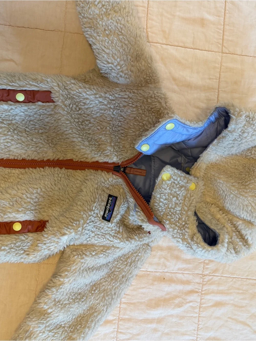 EUC Patagonia Colorblock Puffer Jacket in Light Blue & Mustard